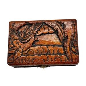 Vtg Artisan Carved Wood Jewelry Trinket Treasure‎ Box Bird Cottagecore